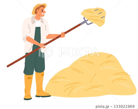 Male farmer uses pitchfork to gather dry hay. Autumn farm work. Agricultural worker throwing hay with hayfork. Countryside farming job. Village ranch haystack. Straw stack. Vector concept Male farmer uses pitchfork to gather dry hay. Autumn farm work. Agricultural worker throwing hay with hayfork. Countryside farming job. Village ranch haystack. Straw stack. Vector concept 133022869