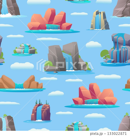 Mountain peaks with cascading waterfalls seamless pattern. Water flowing down. Repeated print. Aqua stream on cliff stones. Wild nature rocks. Creek liquid falling. Vector background Mountain peaks with cascading waterfalls seamless pattern. Water flowing down. Repeated print. Aqua stream on cliff stones. Wild nature rocks. Creek liquid falling. Vector background 133022871