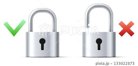 Realistic metal padlocks with correct and incorrect symbols. Safe key. 3D interlock mechanisms. Protective encryption. Blocked or opened lock. Security verification. Vector objects set Realistic metal padlocks with correct and incorrect symbols. Safe key. 3D interlock mechanisms. Protective encryption. Blocked or opened lock. Security verification. Vector objects set 133022873