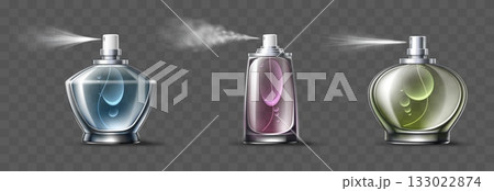 Realistic perfume bottles spraying fragrant liquid from spray vial Pleasant smell sprayers. Aroma cosmetics. Toilet water flasks. Vector 3D perfumery objects set on transparent background Realistic perfume bottles spraying fragrant liquid from spray vial Pleasant smell sprayers. Aroma cosmetics. Toilet water flasks. Vector 3D perfumery objects set on transparent background 133022874