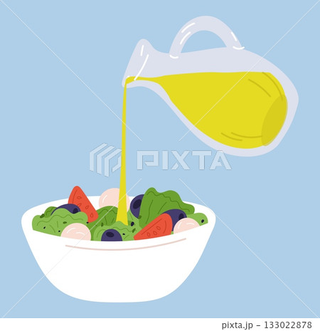 Salad with greens. Fresh vegetables. Italian cheese. Tomatoes is drizzled with olive oil from glass bottle. Diet meal cooking. Culinary dressing add. Vegetarian product. Vector concept 133022878