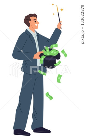 Satisfied businessman performs magic trick with wand and magical hat filled with money. Magician spell for finance success. Successful investor. Easy passive profit. Vector concept 133022879