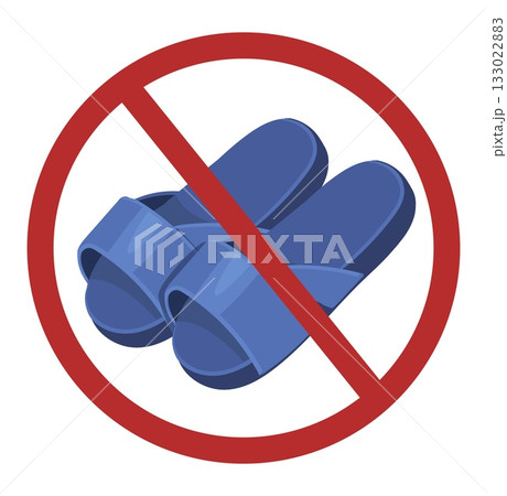 Sign prohibiting wearing of flip flops. Slippers summer shoes in red crossed out circle. Comfortable shoes. Restricted beach footwear. Disallowed wear of sandal. Vector prohibition symbol 133022883