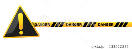 Triangular warning sign with exclamation mark and yellow border tape with word danger. Attention zone. Prohibited cordon. Isolation barrier. Stop ribbon. Vector beware boundary element Triangular warning sign with exclamation mark and yellow border tape with word danger. Attention zone. Prohibited cordon. Isolation barrier. Stop ribbon. Vector beware boundary element 133022885