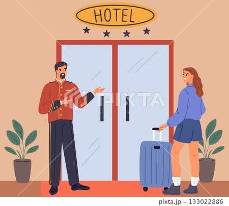 Uniformed doorman at hotel entrance invites girl with baggage suitcases to come inside. Traveler waiting elevator at motel lobby. Concierge hospitality. Hostel service staff. Vector concept Uniformed doorman at hotel entrance invites girl with baggage suitcases to come inside. Traveler waiting elevator at motel lobby. Concierge hospitality. Hostel service staff. Vector concept 133022886