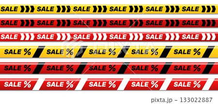 Warning tape with word of sale. Signal ribbons for advertising banners. Discount promotion. Shopping marketing. Cordon adhesive stripes. Attention barricade. Vector seamless barriers set Warning tape with word of sale. Signal ribbons for advertising banners. Discount promotion. Shopping marketing. Cordon adhesive stripes. Attention barricade. Vector seamless barriers set 133022887
