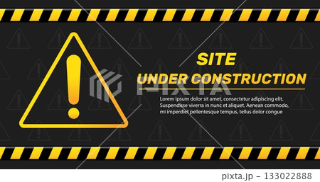 Website page with warning site is under construction. Striped barriers. Broken software. Network malfunction. Computer repair. Vector web banner with black or yellow information strips Website page with warning site is under construction. Striped barriers. Broken software. Network malfunction. Computer repair. Vector web banner with black or yellow information strips 133022888