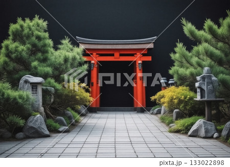 ライトアップされた、鳥居と石灯籠 133022898