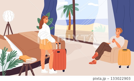 Young couple guy and girl settled into comfortable hotel room with view of coast. Tropical sea resort. People with baggage suitcases in motel bedroom. Happy travelers. Vector concept Young couple guy and girl settled into comfortable hotel room with view of coast. Tropical sea resort. People with baggage suitcases in motel bedroom. Happy travelers. Vector concept 133022903