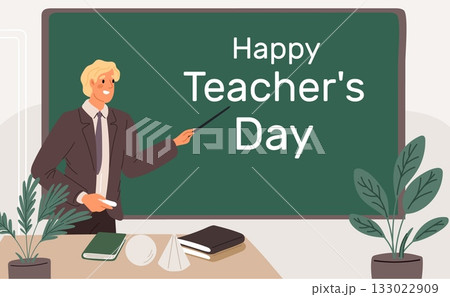Young male professor with pointer near school blackboard. Teachers Day postcard design. Lecturer in classroom. Instructor teaching at chalkboard. Vector professional holiday banner 133022909