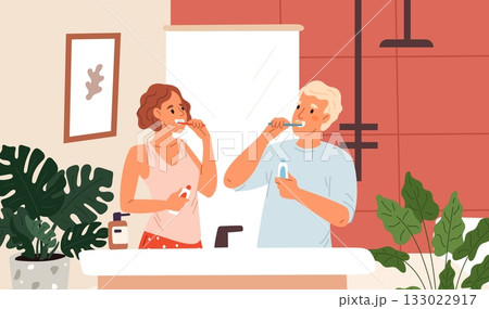 Young man and woman brush teeth in morning or in evening before going to bed. Oral hygiene. Everyday cosmetic routine. Smile beauty. Bathroom interior. Couple at mirror. Vector concept Young man and woman brush teeth in morning or in evening before going to bed. Oral hygiene. Everyday cosmetic routine. Smile beauty. Bathroom interior. Couple at mirror. Vector concept 133022917