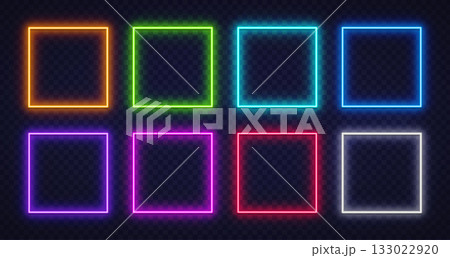 Set of glowing neon square frames in bright colors on a transparent background. Modern futuristic design perfect for digital interfaces, ads, or posters. Set of glowing neon square frames in bright colors on a transparent background. Modern futuristic design perfect for digital interfaces, ads, or posters. 133022920