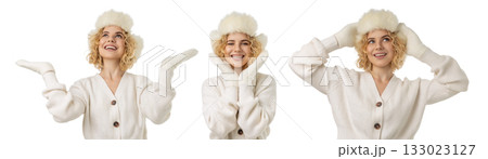 Set, Young woman in winter clothing shows playful poses, isolated, PNG Set, Young woman in winter clothing shows playful poses, isolated, PNG 133023127
