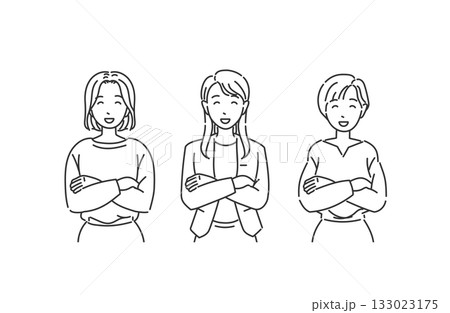 オフィスカジュアルの女性 腕組み笑顔 モノクロイラスト オフィスカジュアルの女性 腕組み笑顔 モノクロイラスト 133023175