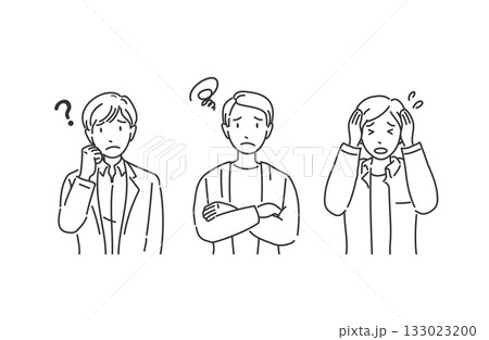 オフィスカジュアルの男性 困り顔 モノクロ線画 オフィスカジュアルの男性 困り顔 モノクロ線画 133023200