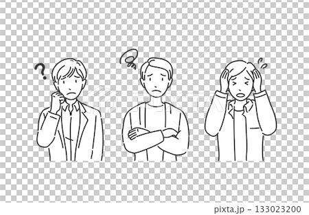 オフィスカジュアルの男性 困り顔 モノクロ線画 オフィスカジュアルの男性 困り顔 モノクロ線画 133023200