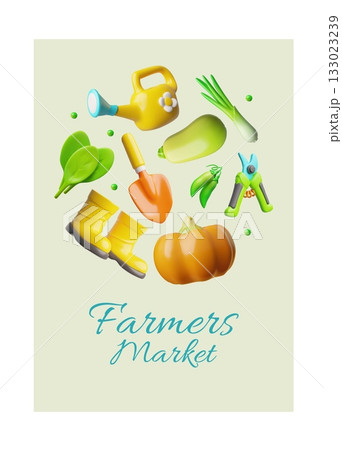 Farmers market 3D plastic style vector poster advertising design, ripe vegetables and greenery, gardening equipment 133023239