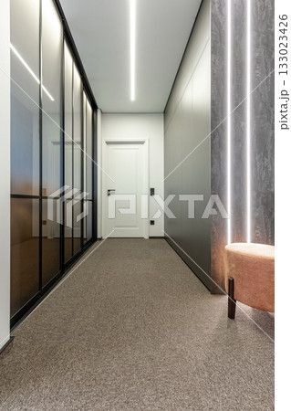 Stylish Modern Hallway with Vertical LED Lights and Glass Panels 133023426