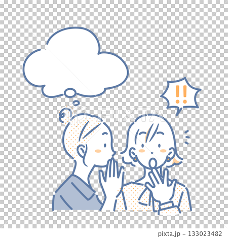 一幅簡潔時尚的線條畫，描繪了一位年輕女子傾訴秘密的場景。 133023482