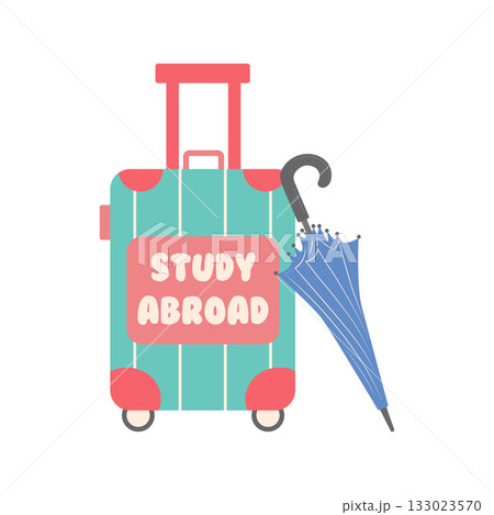 Suitcase on wheels with the inscription stydy abroad and an English umbrella. Study English and travel concept. Suitcase on wheels with the inscription stydy abroad and an English umbrella. Study English and travel concept. 133023570