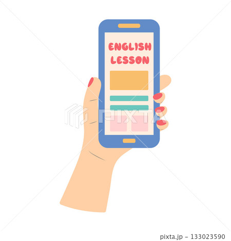 Hand holding smartphone with English learning app. English lesson lettering. English online mobile learn concept, learning app. Vector illustration Hand holding smartphone with English learning app. English lesson lettering. English online mobile learn concept, learning app. Vector illustration 133023590