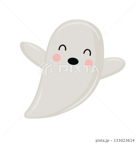 A cute, friendly white ghost character with rosy cheeks, smiling and waving 133023614