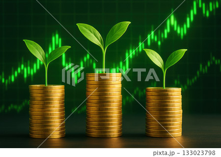 Investing in renewable energy shows growth potential as illustrated by this graph of coins and plants symbolizing investment 133023798