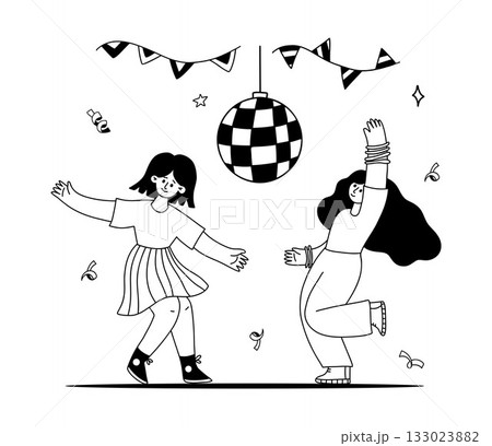 Happy Couple Girls Dancing under disco ball at Party Doodle. Outline hand drawing. Vector Illustration. Not AI . 133023882