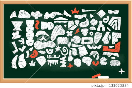Chalk School Board with Curvature Crayon Freeform set. Abstract White Hand Drawn Shapes, Curls, Geometric Forms, Ink Spot and doodle objects. Isolated textured scrawls. Vector illustration. Not AI 133023884