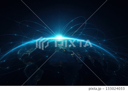 6G Global network connections illuminate Earth, showcasing vibrant lights and data flow across continents, symbolizing technology 133024033