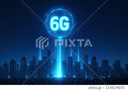 6G Futuristic city skyline illuminated by blue light with prominent 6G symbol, representing advanced technology and connectivity 133024035
