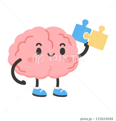 Cartoon Brain Holding Puzzle Pieces 133024088