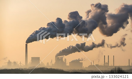 Industrial smokestacks emitting thick plumes of smoke into the hazy sky at sunset symbolizing pollution and environmental concerns 133024121
