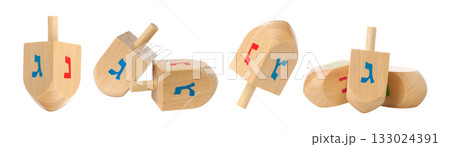 Set, Colorful Hebrew-lettered dreidels on white, isolated, PNG 133024391