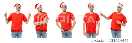 Set, Young man in Santa hat smiles and gestures, isolated, PNG 133024445