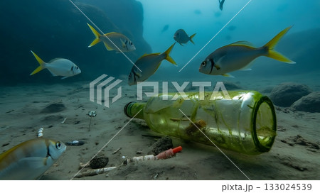 Message in a bottle with fish swimming around it on the ocean floor 133024539