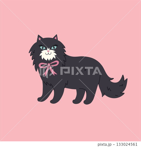 A cute black long-haired cat with a bow on its neck. Vector graphics. A cute black long-haired cat with a bow on its neck. Vector graphics. 133024561