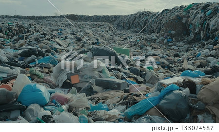 Vast landfill overflowing with plastic waste and debris under a cloudy sky 133024587