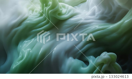 Abstract swirling green and white fluid forms with intricate textures 133024613