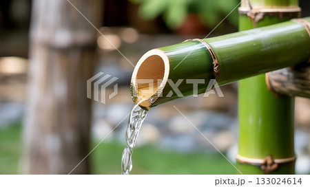 Bamboo fountain with clear water flowing in a tranquil garden setting 133024614