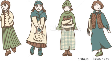 冬のコートを着た女性のイラストセット 133024739