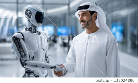 Arab businessman shaking hands with a robot, symbolizing advanced technology integration, artificial intelligence partnership, and future business collaboration in the Middle East 133024890