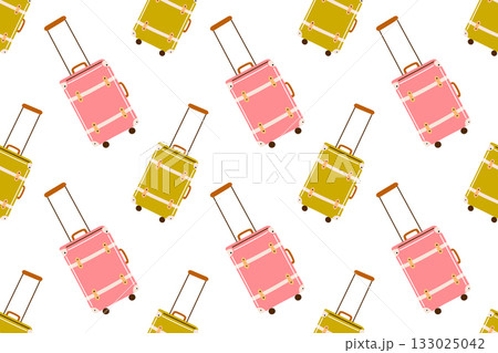 Vector illustration pattern with vintage travel suitcases and luggage on wheels. Flat cartoon design with retro bags, tourism accessories, vacation and adventure theme for travel collection 133025042