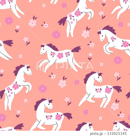 Seamless pattern with white horses and flowers. Vector graphics. 133025145