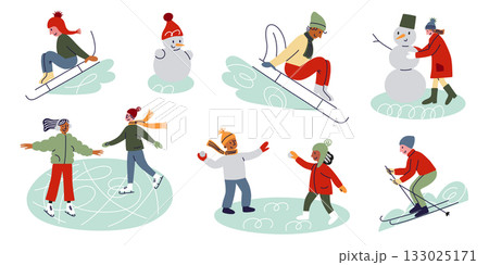 Vector illustration set with winter activities and outdoor fun scenes. Flat cartoon children and adults sledding, skating, skiing, making snowmen, playing snowballs in snowy park collection Vector illustration set with winter activities and outdoor fun scenes. Flat cartoon children and adults sledding, skating, skiing, making snowmen, playing snowballs in snowy park collection 133025171