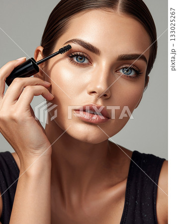 A stunning woman with blue eyes applying black mascara to her upper eyelashes with a wand brush. Cosmetics and makeup concept. 133025267