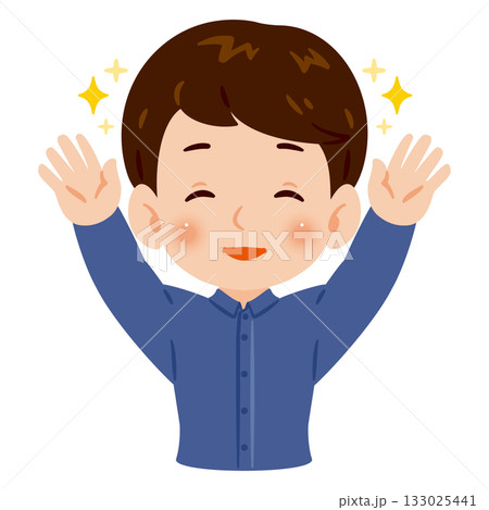 両手を上げて万歳する笑顔の男性　上半身イラスト 133025441