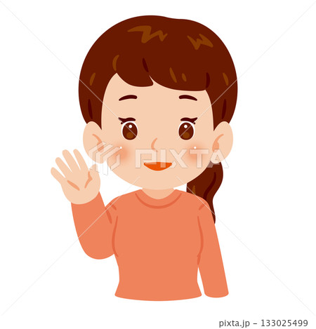 片手を上げて挨拶する女性　上半身イラスト 133025499