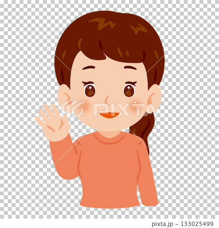 片手を上げて挨拶する女性　上半身イラスト 133025499