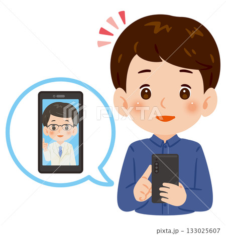 スマートフォンでオンライン診療を受ける男性　上半身イラスト 133025607
